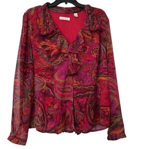 Coldwater Creek Vtg  Jewel Tone Paisley Chiffon Blouse Ruffle Front XL Boho